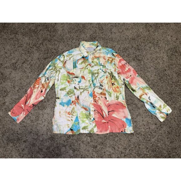 CHICOS Linen Snap Button Blouse Top Tropical Floral Long Sleeve Sz 2 LARGE - Picture 1 of 7